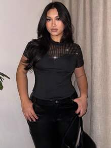 SHEIN Privé Plus Size Women Black Sparkly Diamond Printed Short Sleeve Slim Fit Regular T-Shirt, Festival Wear - Black - View 1