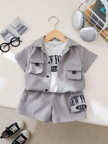 SHEIN 3pcs Baby Boys Set Includes Soft Knit Letter Print Collar Short Sleeve Shirt, Solid T-Shirt, And Elastic Waist Shorts - Light Grey - View 4
