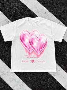 Manfinity Hypemode Men's T-Shirt Valentine's Day Pink Double Heart, Spring And Summer Men's Clothing, Boyfriend Gift - White - View 1