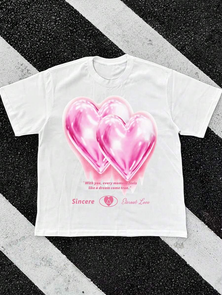Manfinity Hypemode Men's T-Shirt Valentine's Day Pink Double Heart, Spring And Summer Men's Clothing, Boyfriend Gift - White - View 1