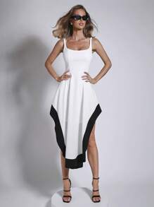 COSMINA Women's Elegant Black & White Asymmetrical Hem Mid-Length Slip Dress, Suitable For Office And Commuting, Spring/Summer