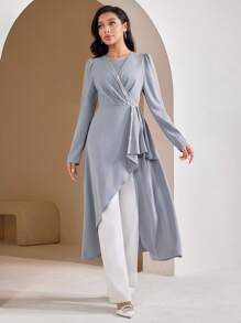 Veilorie Women's Bubble Sleeve Patchwork Ruffle Hem Arabian Style Blouse Top - Grey - View 6