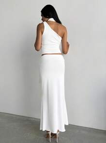 Aloruh Women's Solid Color Ruched Shoulder Top & Mermaid Hem Skirt 2 Pieces Set - White - View 3