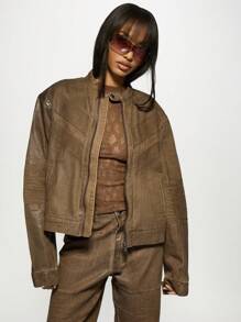 MISSGUIDED 破旧机车夹克复古风摩托车风格罗纹面板设计立领冬秋时尚个性单品街头风外套 - 棕色 - 查看 3