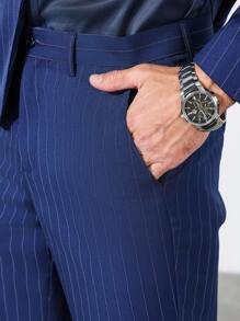 Manfinity Bizformal 男士休闲条纹夹克和裤子套装 - 藍色 - 查看 4