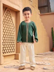 Young Boy Plain Color Block Long Sleeve Casual Top And Pants Set - Dark Green - View 6