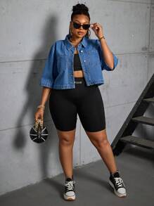 SHEIN SXY Plus Size Women Inelastic Denim Short Jacket - Blue - View 4