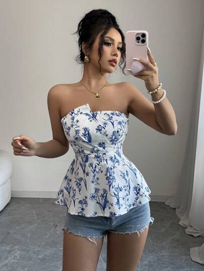 Elenzga Top halter de mujer romántico para vacaciones, base blanca con estampado aleatorio de orquídeas, para primavera/verano