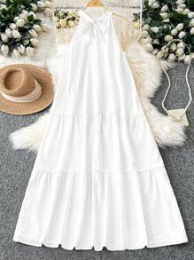 SHEIN LUNE 大码女式纹理面料露肩露肩拼接荷叶边下摆连衣裙 - 白色 - 查看 2