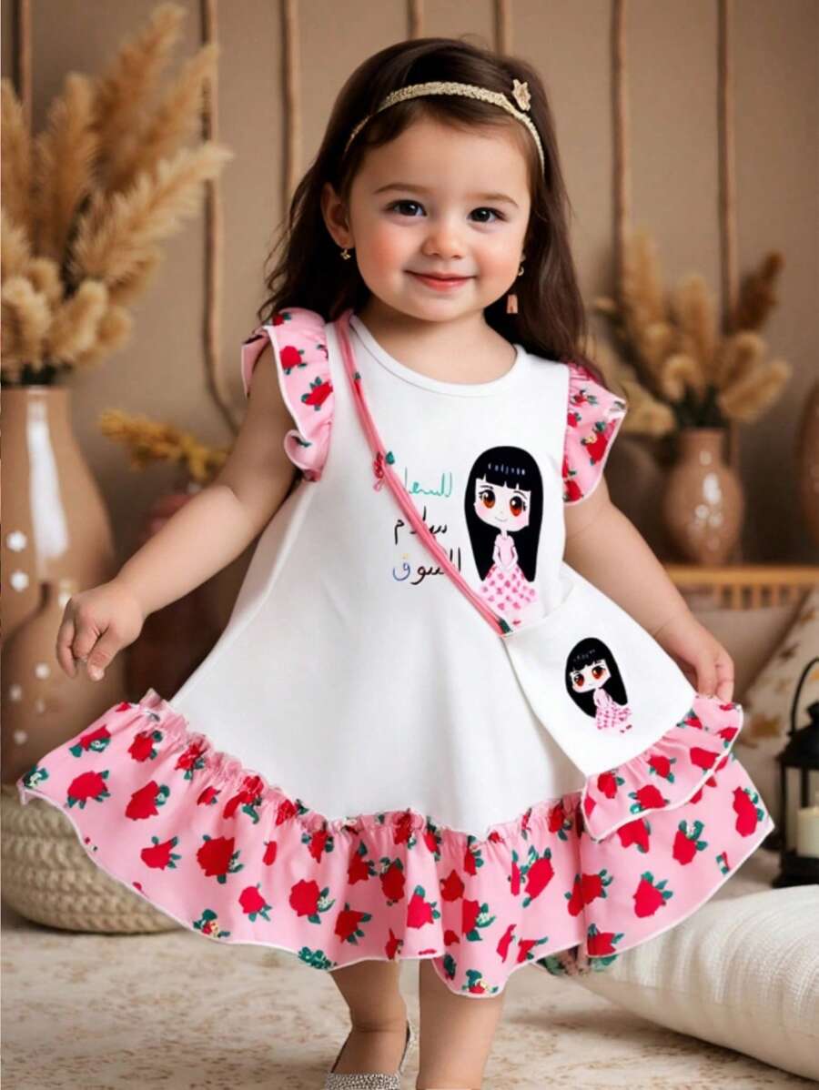 SHEIN 女婴碎花盖袖度假休闲印花连衣裙 - 粉色 - 查看 1