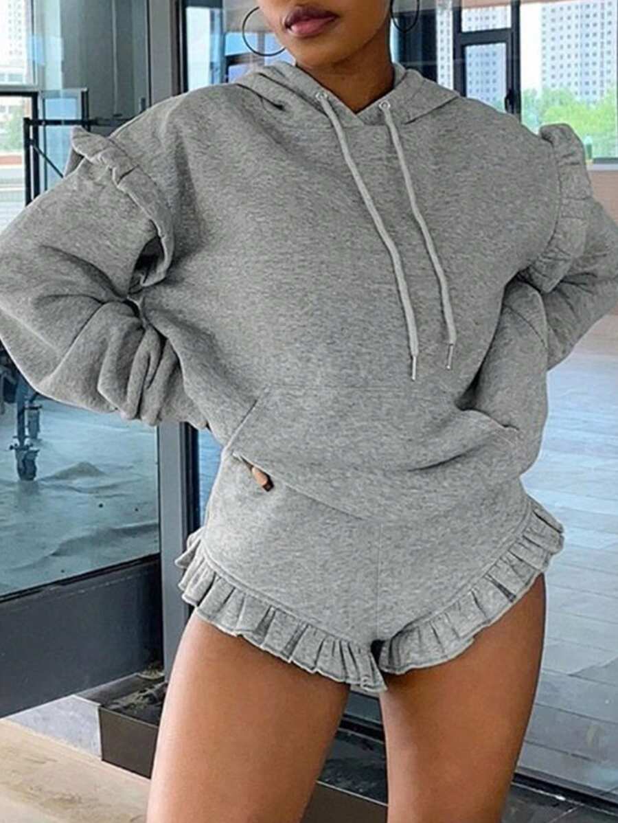 INAWLY 女士纯色连帽运动衫，简约时尚的日常休闲装 - 灰色 - 查看 1