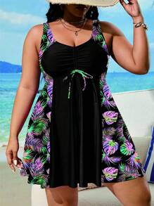 Swim Lushoire 大码女式 2 件套，随机印花 A 字长款泳衣和高腰短裤，时尚休闲度假泳衣套装 - 黑色 - 查看 1