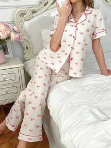 CottageSlumber Women Bow Print Colorblock Short Sleeve Pajama Set - Multicolor - View 4