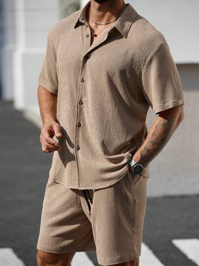 Manfinity Homme Men Plus Size Solid Front Button Short Sleeve Shirt And Shorts Set, Simple Design