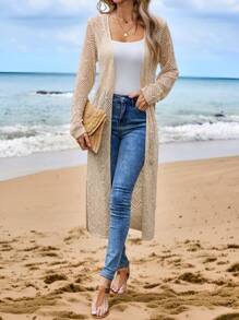 EMERY ROSE Women's Holiday Casual Solid Color Hollow Knitted Side Slit Thin Cardigan - Apricot - View 6