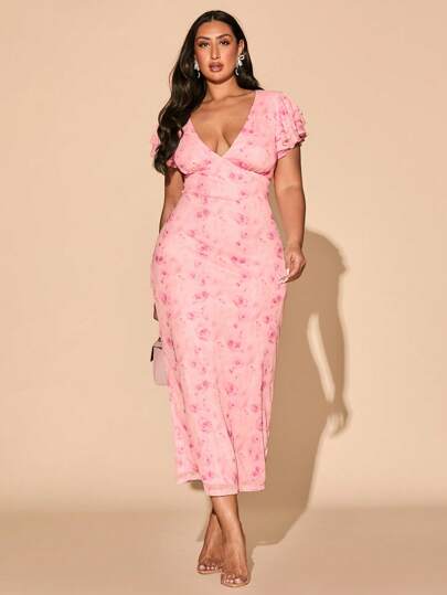 SHEIN BAE Plus Size Women Elegant Large Floral Mesh Print Bodycon V-Neck Dress, Long Length, Fitted, Arm Flattering, Suitable For Daily, Outing, Date, Afternoon Tea, Vacation, Spring/Summer, Back To School Season Dresses For Women Elegant Women Formal,Birthday Dresses For Women,Graduation