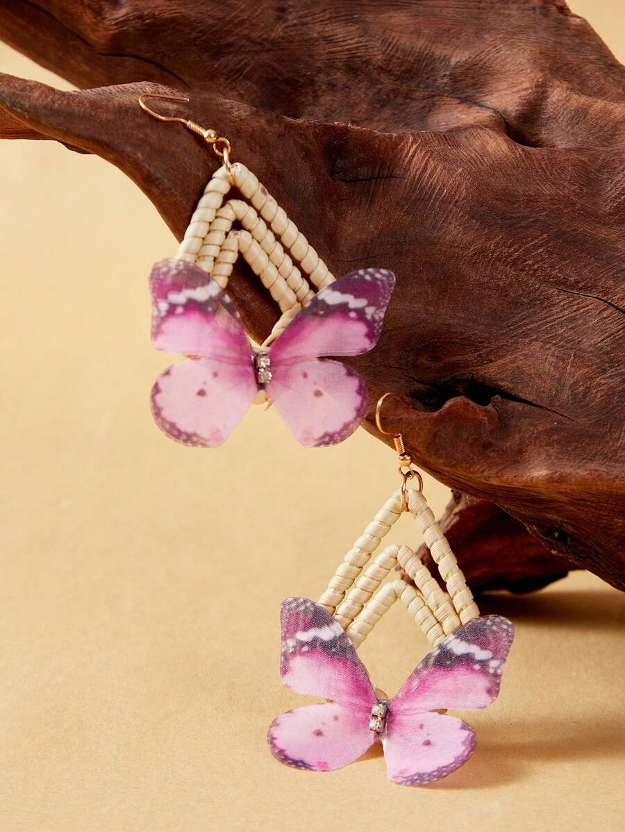 SHEIN VCAY 手工编织藤条3D逼真蝴蝶流苏耳环，清新甜美 - 彩色 - 查看 1