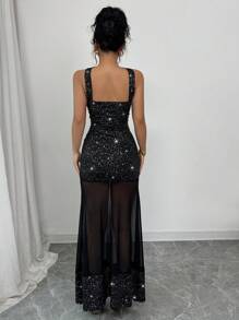 Elenzga Elegante vestido de tubo con parches de malla, vestido largo de mujer de tela elástica con paneles de malla sin tirantes con diseño de cola de pez