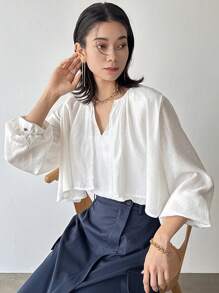 FRIFUL Women's Layered Puff Sleeve Loose Shirt,Ruffle Long Sleeve Top - Beige - View 2