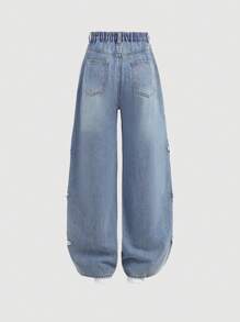 SHEIN Teen Girl Y2K Vintage Blue Denim Wide Leg Jeans With Frayed Stars Decor,Kid Girls Spring And Summer Casual Vacation Country Boho Wear, Beach Outfits For Kid Girls - Medium Wash - View 2