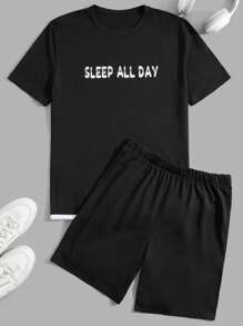 RueChic Men Letter Printed Regular Loungewear Homewear Set - Black - View 2
