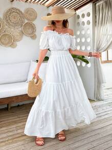 EURMUSE A Line Dress Puff Sleeve Front Knot Ruched Bust Hem Dress - White - View 3
