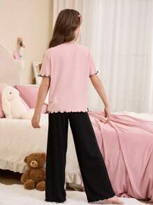 SHEIN Leap Crew Dozemod Tween Girl Tween Girls 甜美简约 3D 蝴蝶结装饰圆领荷叶边短袖长裤休闲舒适 2 件套睡衣套装 - 粉色 - 查看 2
