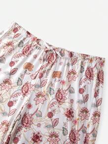 LUVLETTE Conjunto de ropa de dormir para mujer con top de cuello de barco de algodón suave color rosa y pantalones estampados con flores, pantalones con bolsillos. Ropa de salir como ropa interior y conjuntos de salón.