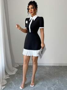 Elenzga Women's Contrast Color 3D Floral Mini Dress With Half-Open Collar - Black - View 5