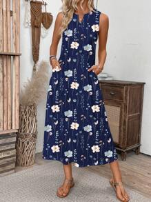 SHEIN Clasi Women Sleeveless V-Neck Printed Knit Maxi Dress, Casual & Holiday - Multicolor - View 4