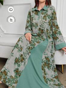 Al Najma 女式休闲双色花卉印花优雅宽松下摆开衩下摆连衣裙 - 橄欖綠 - 查看 1