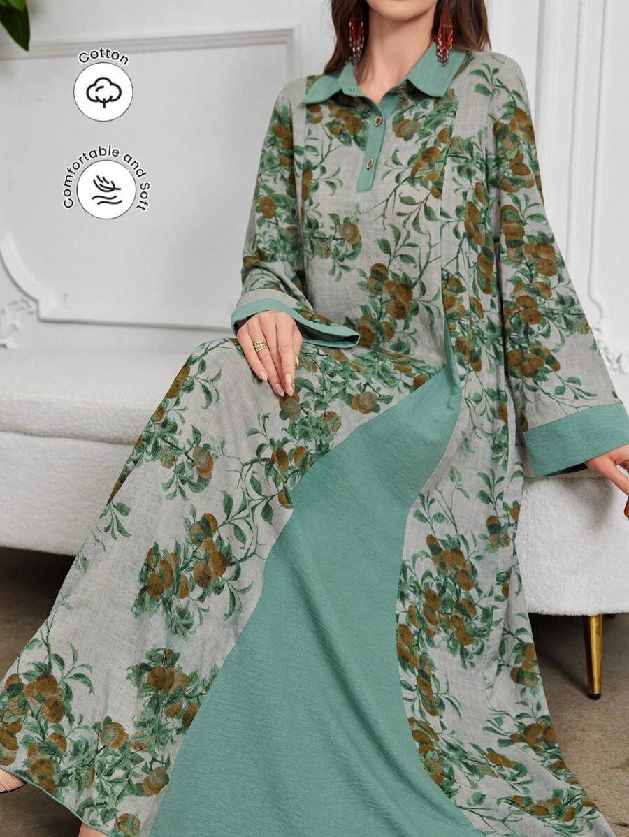 Al Najma 女式休闲双色花卉印花优雅宽松下摆开衩下摆连衣裙 - 橄欖綠 - 查看 1