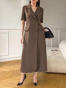 Modelyn Vestido largo casual y con botones delanteros de unicolor para uso cotidiano - Café - Ver 2