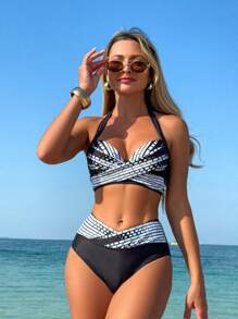 Swim Lushoire Conjunto de traje de baño con decoración anudada y rayas para mujer, ideal para playa y resort