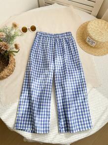 SHEIN LMoss Kids Pantalones casuales holgados de cuadros tejidos para niña joven LMoss