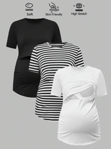 SHEIN 3pcs Maternity Striped Short Sleeve T-Shirt Set, Summer - Black and White - View 1