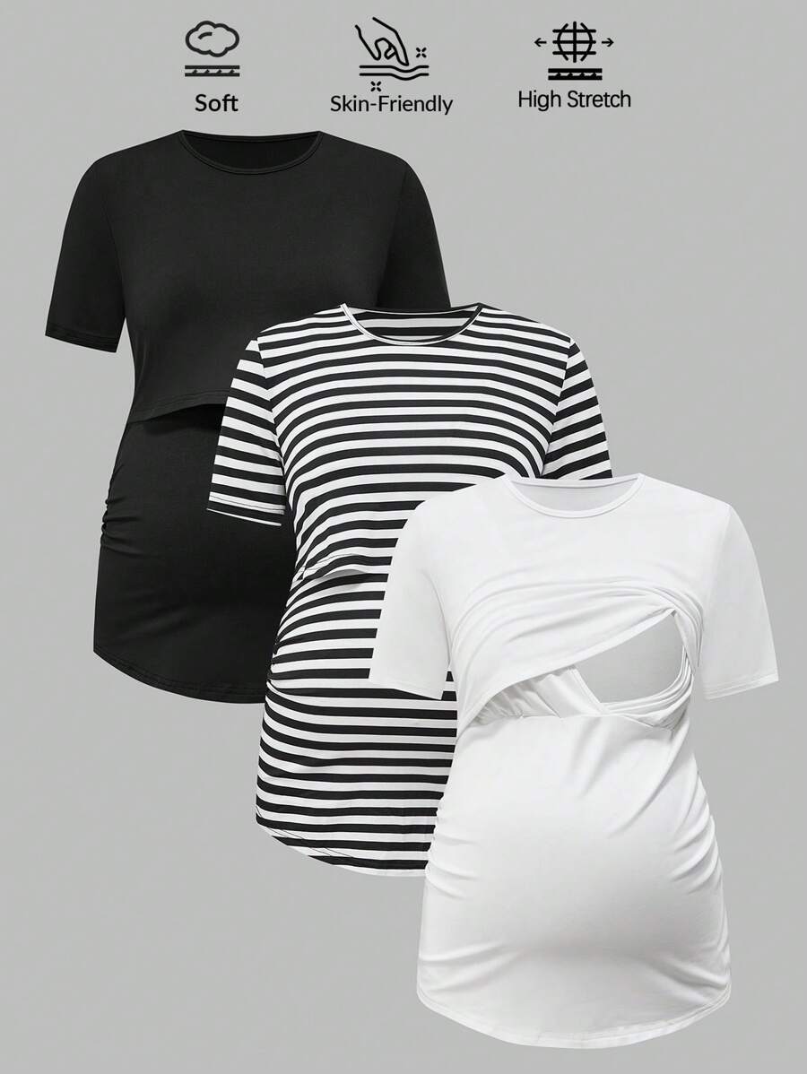 SHEIN 3pcs Maternity Striped Short Sleeve T-Shirt Set, Summer - Black and White - View 1