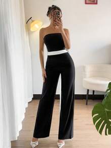 SHEIN Privé 女士优雅简约连体裤，腰部采用彩色块蝴蝶结装饰，适合派对穿着