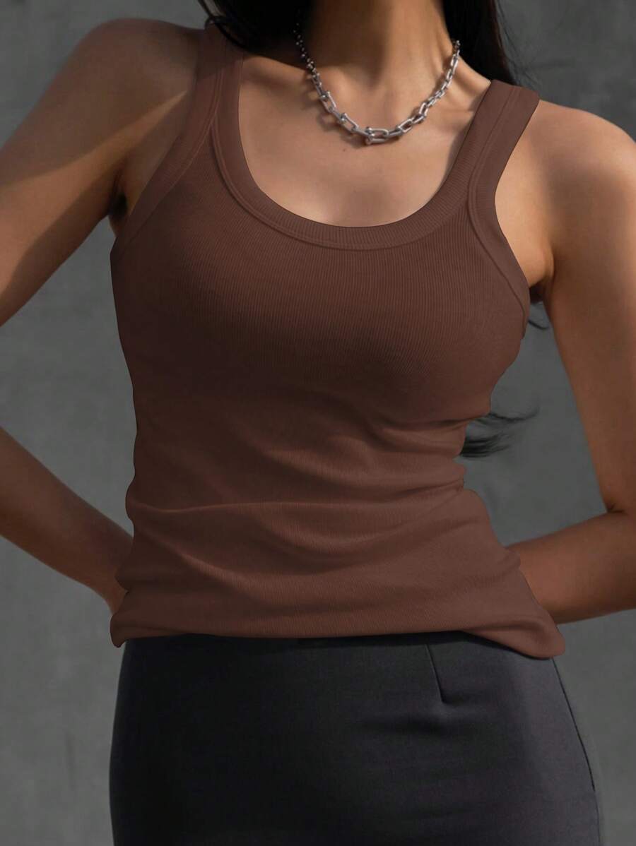 DAZY Women's Solid Color Crew Neck Sleeveless Casual Blouse, Suitable For Vacation Tank Tops - Brown - View 1