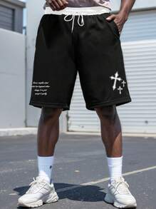 Manfinity EMRG Men's Casual Loose Cross Print Shorts With Drawstring Waist, Summer Graphic Going Out Street Wear Knee Shorts Baggy Shorts, For Husband, Boyfriend Gifts