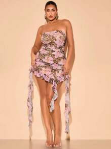 SHEIN BAE 大码女式优雅花卉荷叶边下摆抹胸连衣裙/夏季度假连衣裙/音乐节/度假服装女装/夏季/夏装/女式夏装 - 粉色 - 查看 6