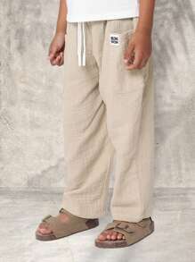 SUMWON Premium Pull-On Pants For Boys, Casual Summer Elastic Waist Drawstring Trousers, Perfect For Beach Vacation School Holiday, Breathable Kids Bottoms - Khaki - View 3