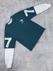SHEIN Teen Boy Contrast Color Block Letter & Number Print Pullover Sweatshirt - Green - View 2