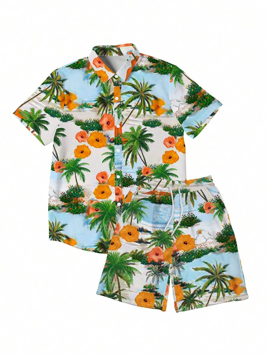 Manfinity Dauomo 男士简约时尚休闲衬衫和短裤套装，适合日常穿着 - 彩色 - 查看 1