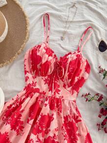 Soleia Women's Vacation Red Silhouette Floral Print Spaghetti Strap Ruffle Collar Chest Ruched Waist Slim A-Line Romper, Suitable For Party, Christmas, Date, Valentine's Day, Afternoon Tea, Wedding - Red - View 4