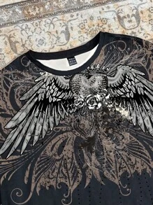 SHEIN EZwear 复古街头摇滚风音乐节朋克风玫瑰翅膀定位印花休闲圆领短袖宽松女士T恤 - 白色 - 查看 4