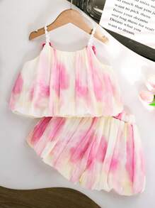 Genkimix Kids 2pcs/Set Setelan Camisole dan Celana Pendek Gradien Lucu untuk Anak Perempuan, Cocok untuk Santai Musim Panas dan Liburan, Setelan Musim Panas untuk Anak Perempuan Muda - Berwarna merah muda - View 3