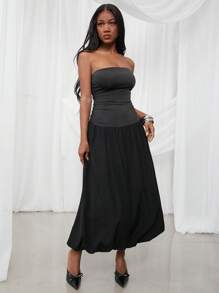SHEIN Unity Women's Strapless Satin Balloon Hem Maxi Dress Black,Summer,Elegant,Party Night,Classy Bridal Prom Dinner Church Thanksgiving Christmas NYE Outfits - Blue - View 2
