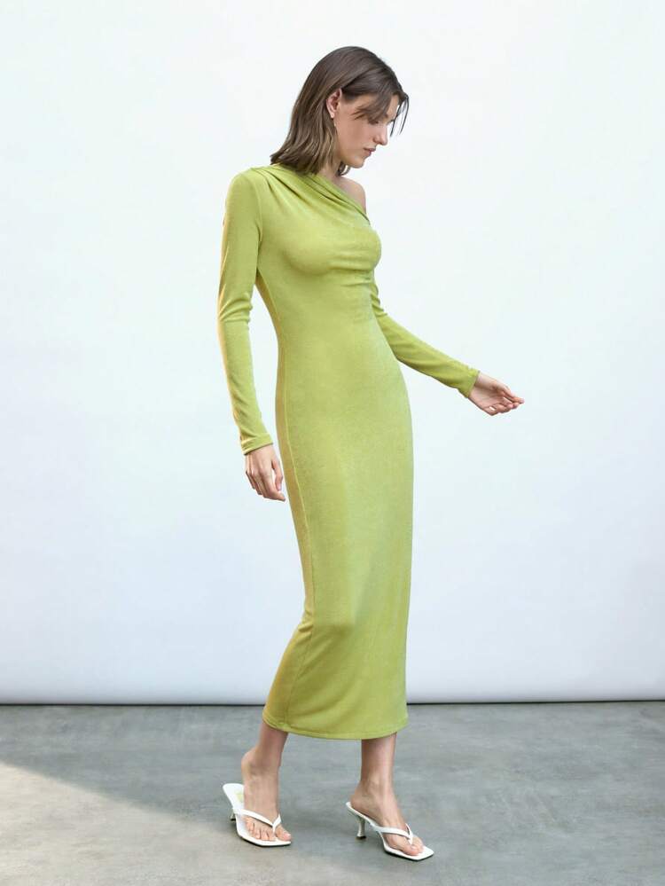 SHEIN Maija Green Asymmetrical Neck Ruffle Trim Fitted Mid-Calf Dress, Fashionable Minimalist Slimming Soft Comfortable Versatile Elegant Ladies Spring/Summer Dress, Suitable For Holidays