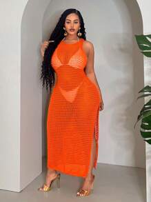 Slaydiva Plus Size Women Orange Sleeveless Hollow Out High Slit Maxi Knitted Dress, Sexy Beach Vacation Look, Spring/Summer - Orange - View 6